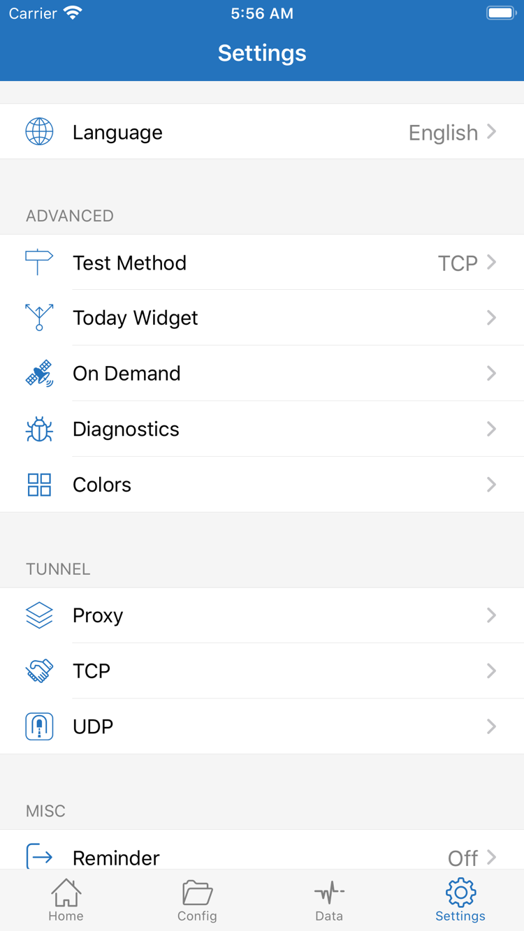 Shadowrocket 的 Settings 官方截图，显示 Test Method、On Demand 与 Diagnostics 等设置