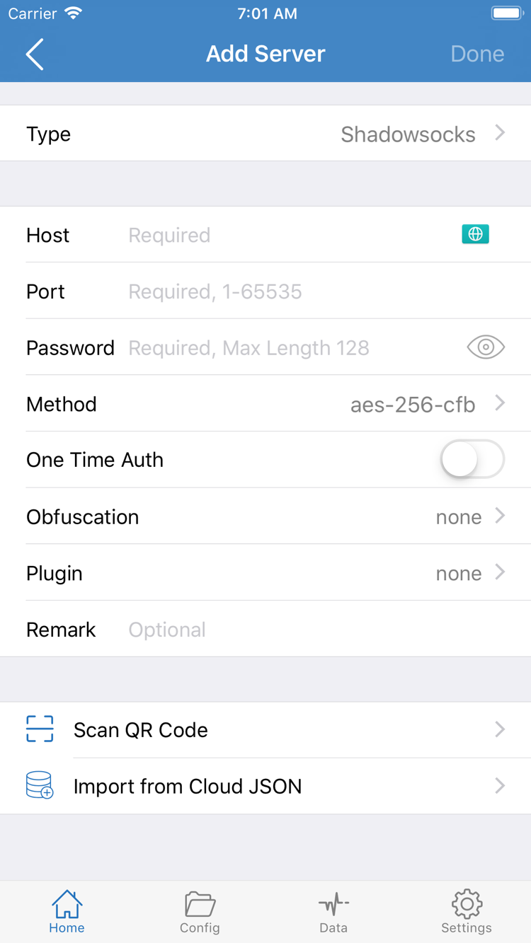 Shadowrocket App Store 공식 스크린샷: Add Server 화면의 Type, Host, Port, Password, Method 입력 항목