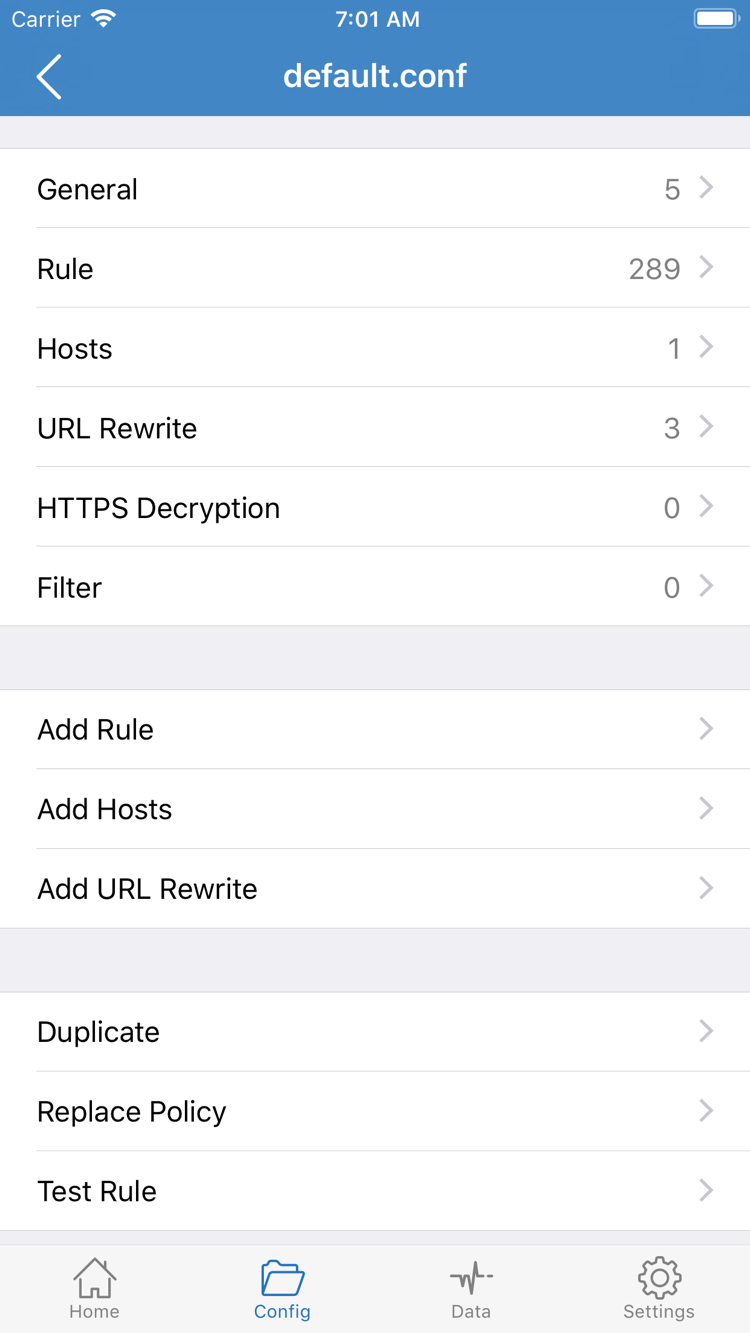 Shadowrocket 的 Config 官方截图，显示 General、Rule、Hosts 与 Add Rule 等配置项目